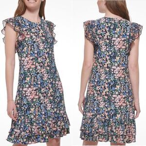 Tommy Hilfiger Size 10 Floral Printed Flutter Sleeve Tiered Ruffle Trim Dress